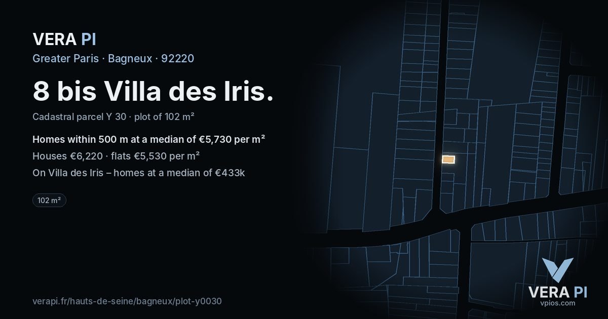 8 bis Villa des Iris, Bagneux at night – the plot lit, the parcels around coloured by the prices near them