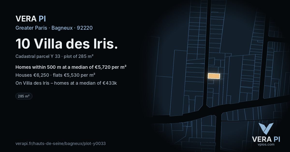 10 Villa des Iris, Bagneux at night – the plot lit, the parcels around coloured by the prices near them