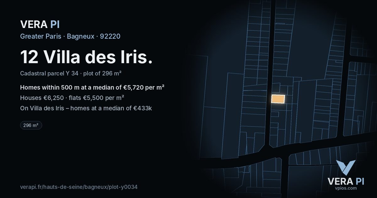 12 Villa des Iris, Bagneux at night – the plot lit, the parcels around coloured by the prices near them