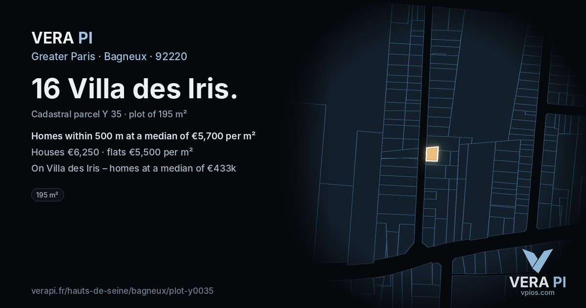 16 Villa des Iris, Bagneux at night – the plot lit, the parcels around coloured by the prices near them