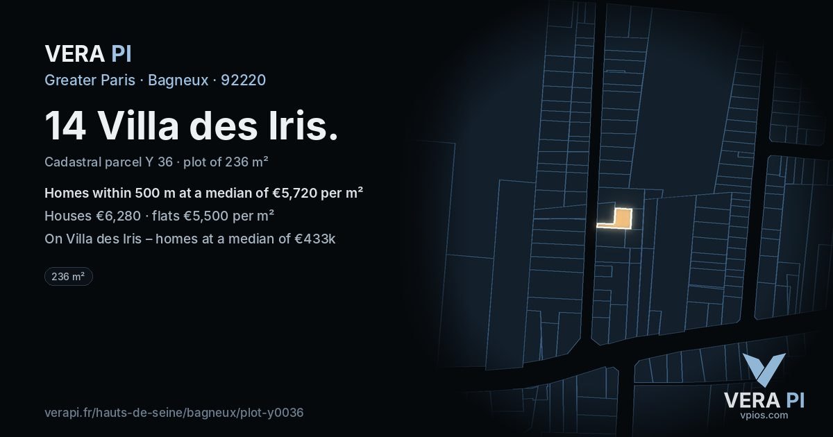 14 Villa des Iris, Bagneux at night – the plot lit, the parcels around coloured by the prices near them