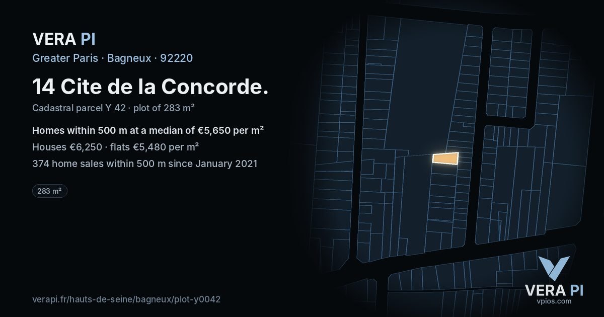 14 Cite de la Concorde, Bagneux at night – the plot lit, the parcels around coloured by the prices near them