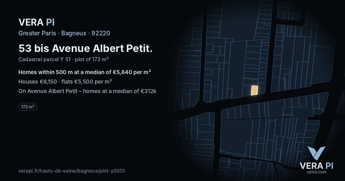53 bis Avenue Albert Petit, Bagneux at night – the plot lit, the parcels around coloured by the prices near them