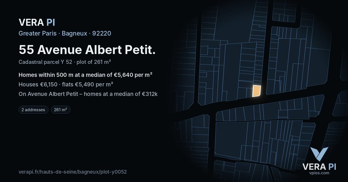 55 Avenue Albert Petit, Bagneux at night – the plot lit, the parcels around coloured by the prices near them