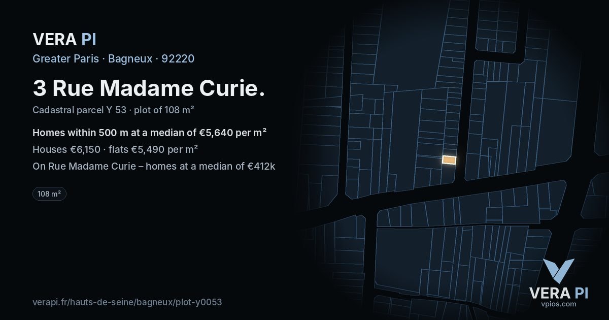 3 Rue Madame Curie, Bagneux at night – the plot lit, the parcels around coloured by the prices near them