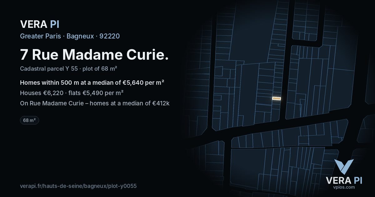 7 Rue Madame Curie, Bagneux at night – the plot lit, the parcels around coloured by the prices near them