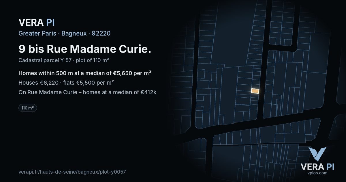 9 bis Rue Madame Curie, Bagneux at night – the plot lit, the parcels around coloured by the prices near them