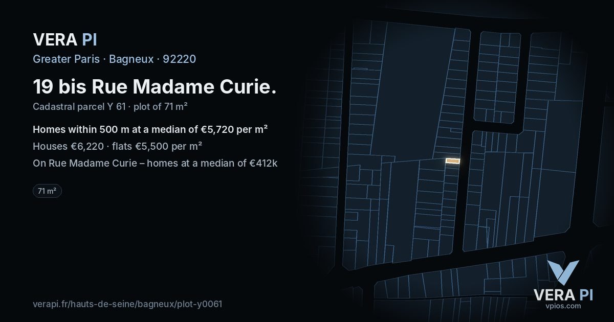 19 bis Rue Madame Curie, Bagneux at night – the plot lit, the parcels around coloured by the prices near them