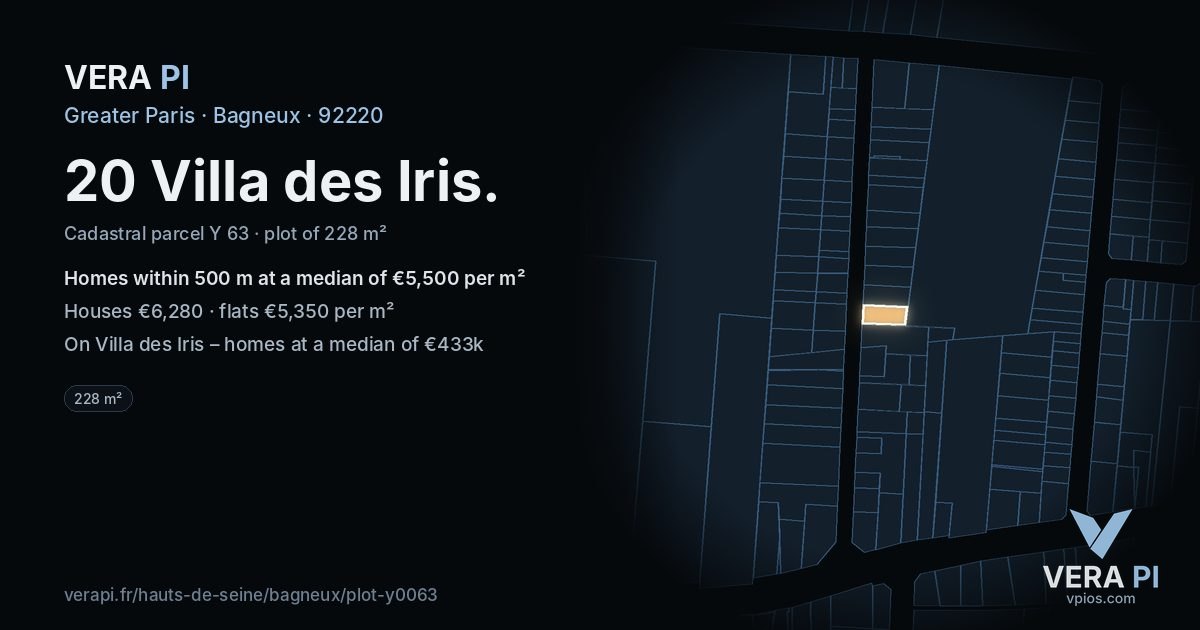 20 Villa des Iris, Bagneux at night – the plot lit, the parcels around coloured by the prices near them