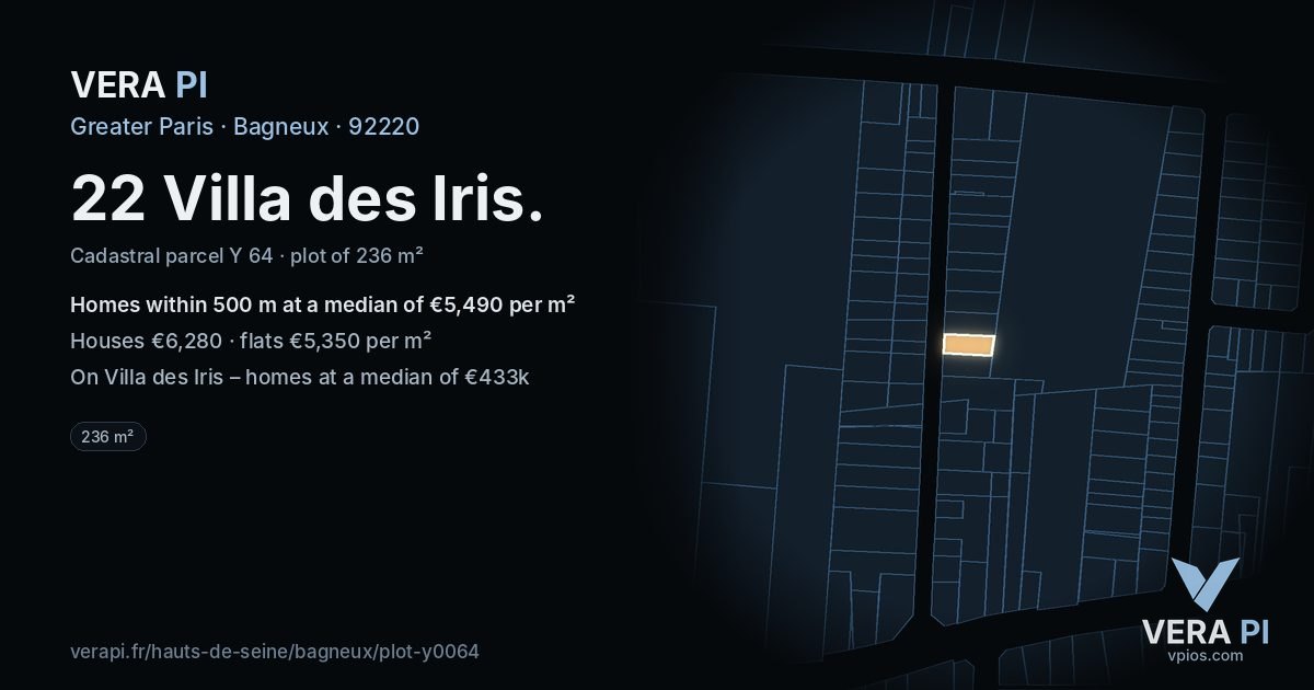 22 Villa des Iris, Bagneux at night – the plot lit, the parcels around coloured by the prices near them