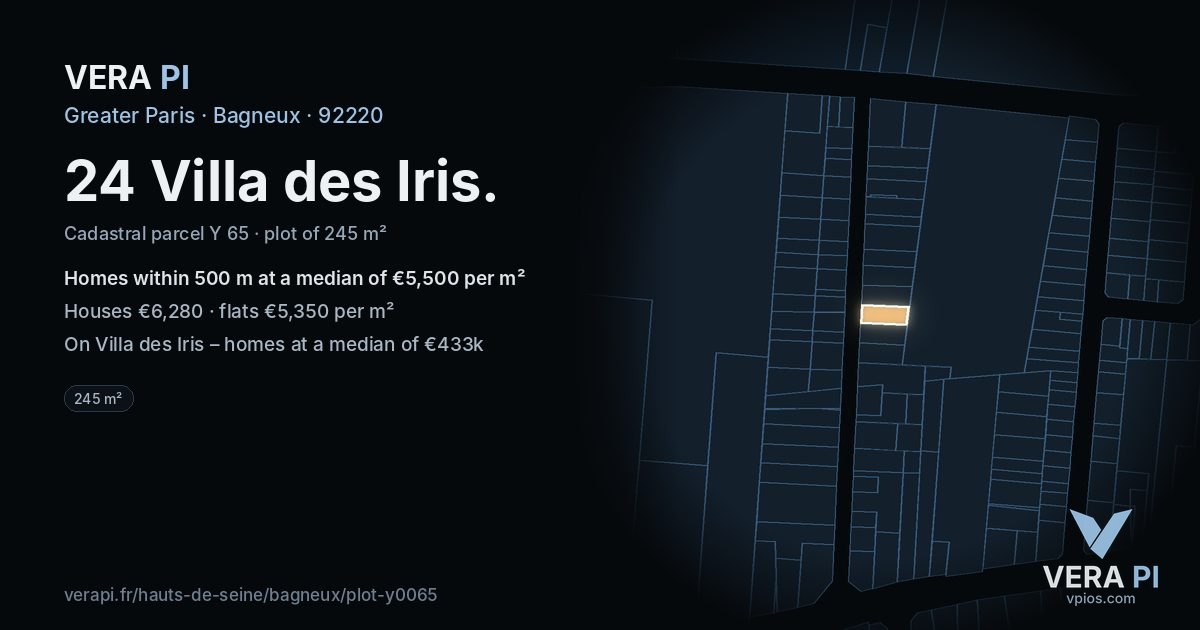 24 Villa des Iris, Bagneux at night – the plot lit, the parcels around coloured by the prices near them