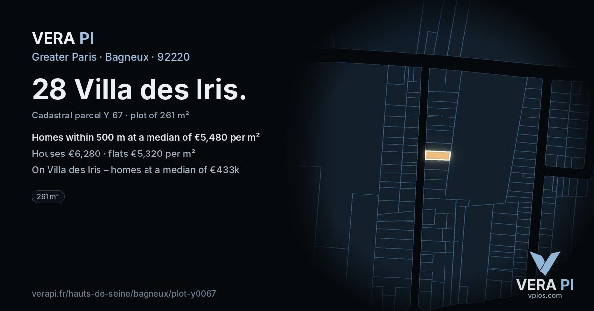 28 Villa des Iris, Bagneux at night – the plot lit, the parcels around coloured by the prices near them