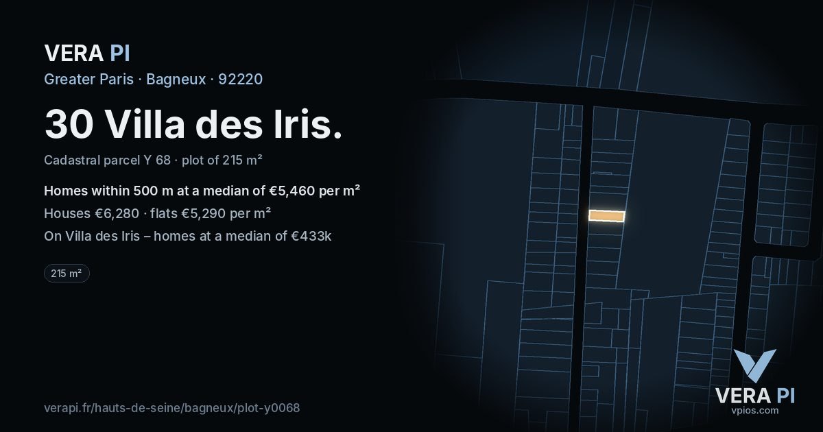 30 Villa des Iris, Bagneux at night – the plot lit, the parcels around coloured by the prices near them