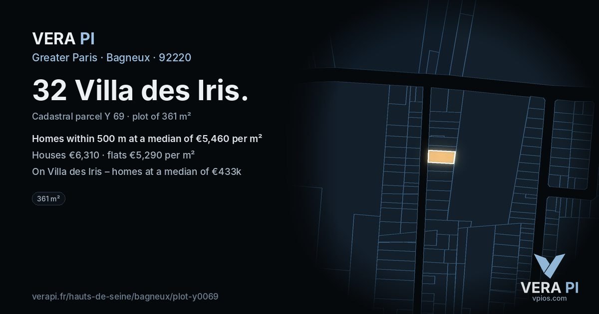 32 Villa des Iris, Bagneux at night – the plot lit, the parcels around coloured by the prices near them