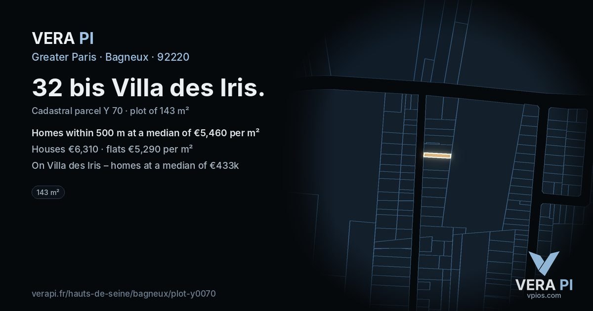 32 bis Villa des Iris, Bagneux at night – the plot lit, the parcels around coloured by the prices near them