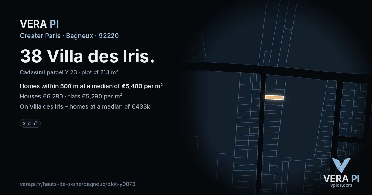 38 Villa des Iris, Bagneux at night – the plot lit, the parcels around coloured by the prices near them