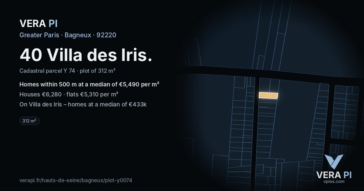 40 Villa des Iris, Bagneux at night – the plot lit, the parcels around coloured by the prices near them