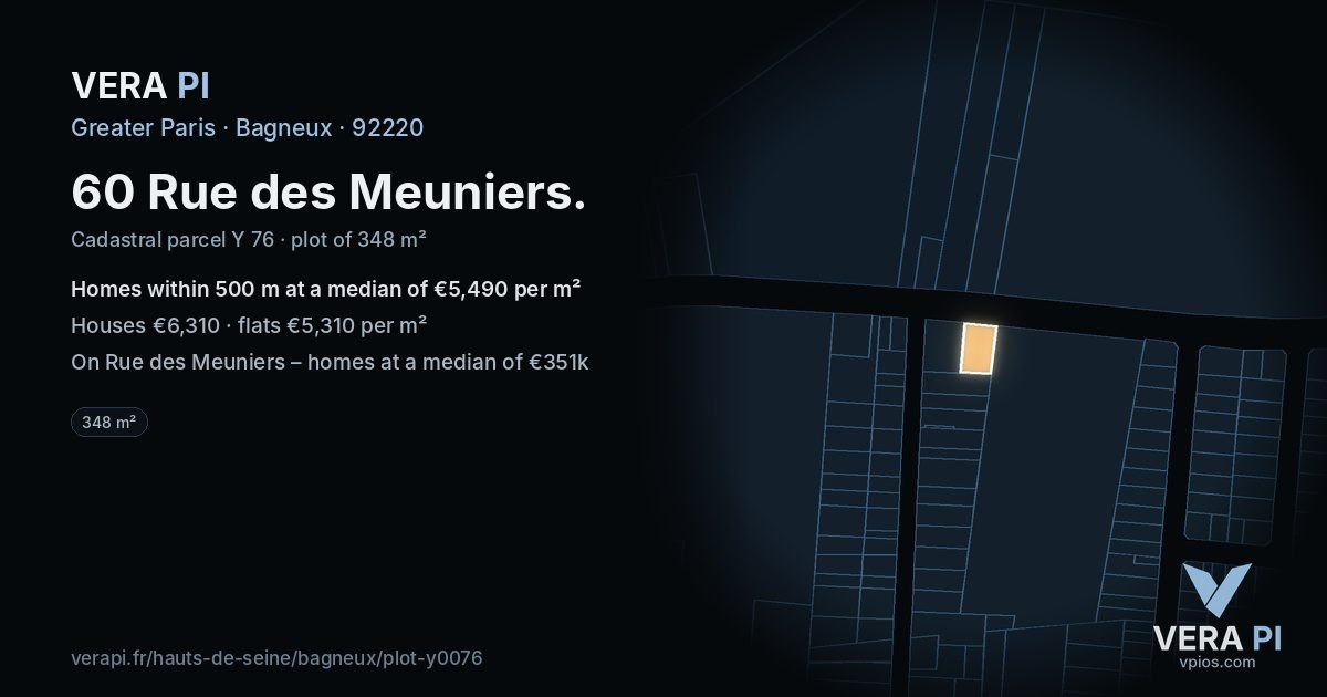 60 Rue des Meuniers, Bagneux at night – the plot lit, the parcels around coloured by the prices near them