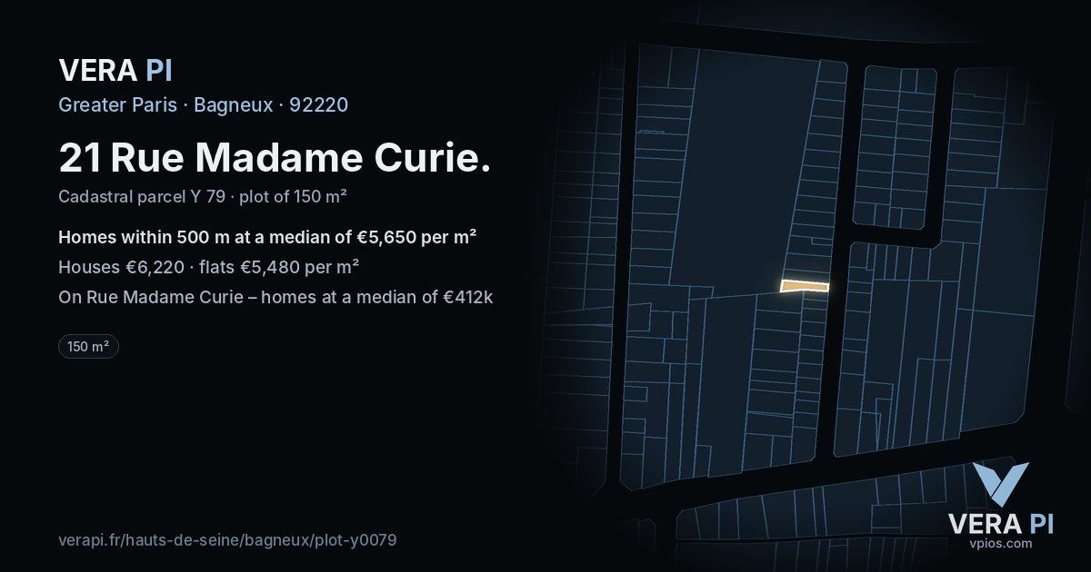 21 Rue Madame Curie, Bagneux at night – the plot lit, the parcels around coloured by the prices near them