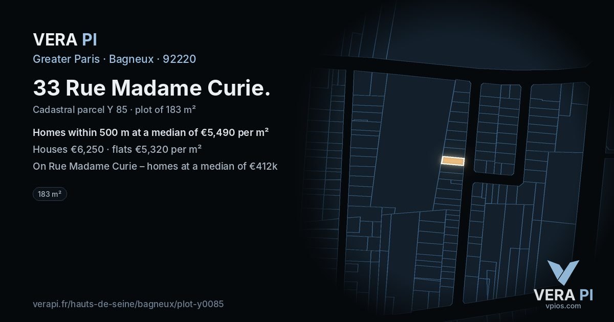 33 Rue Madame Curie, Bagneux at night – the plot lit, the parcels around coloured by the prices near them