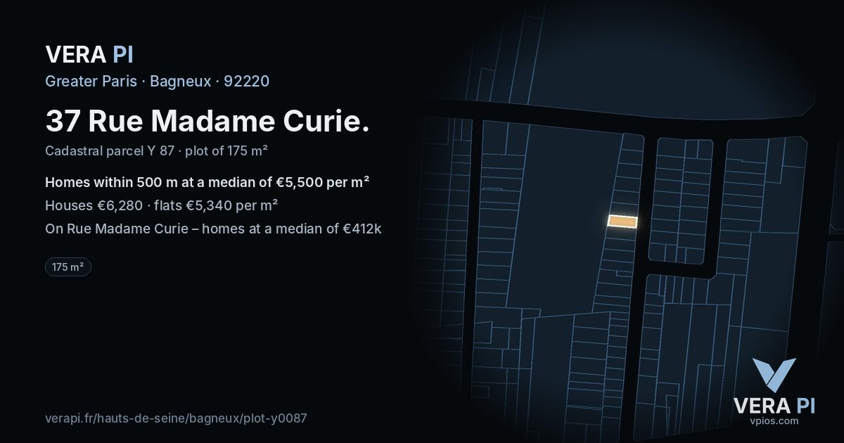 37 Rue Madame Curie, Bagneux at night – the plot lit, the parcels around coloured by the prices near them