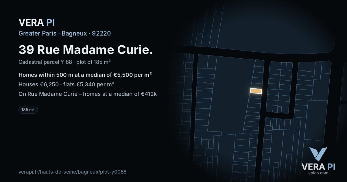 39 Rue Madame Curie, Bagneux at night – the plot lit, the parcels around coloured by the prices near them