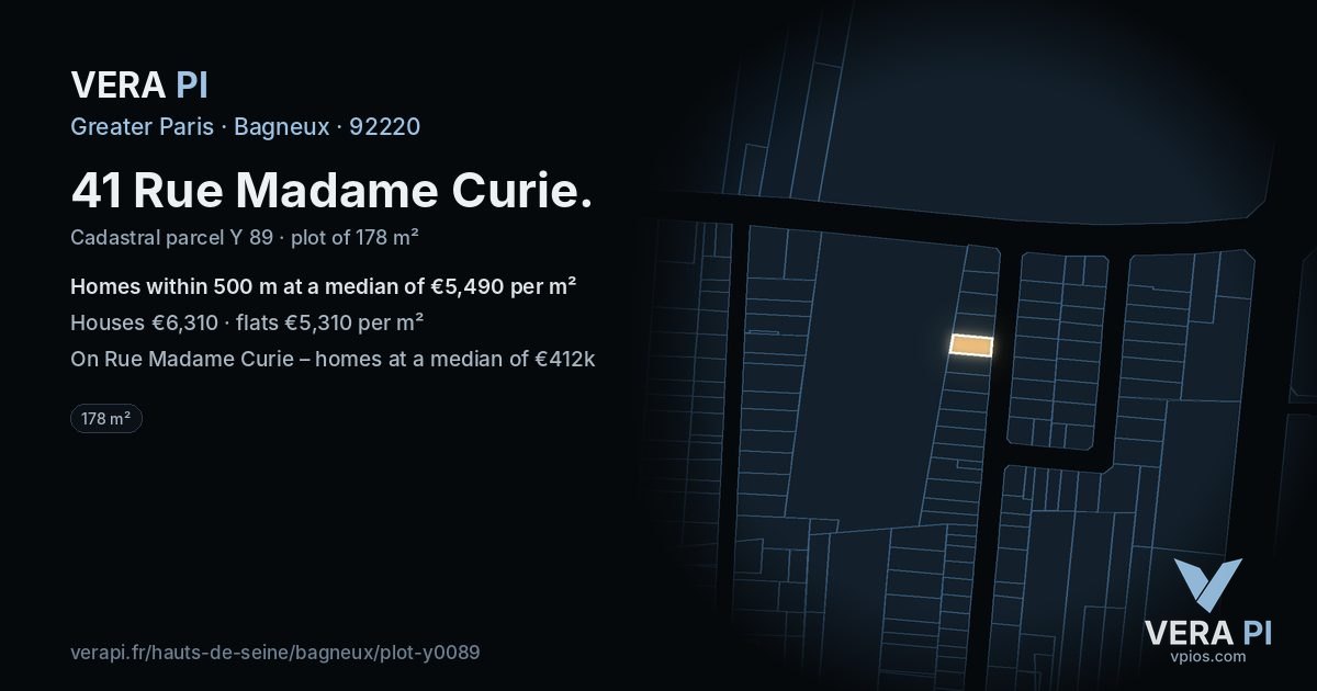 41 Rue Madame Curie, Bagneux at night – the plot lit, the parcels around coloured by the prices near them