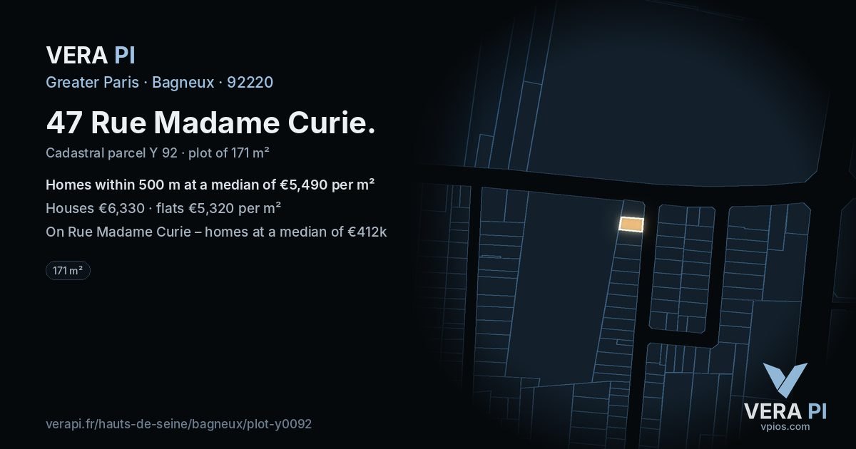 47 Rue Madame Curie, Bagneux at night – the plot lit, the parcels around coloured by the prices near them