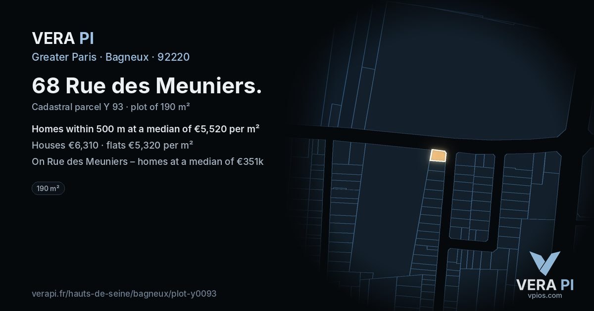 68 Rue des Meuniers, Bagneux at night – the plot lit, the parcels around coloured by the prices near them
