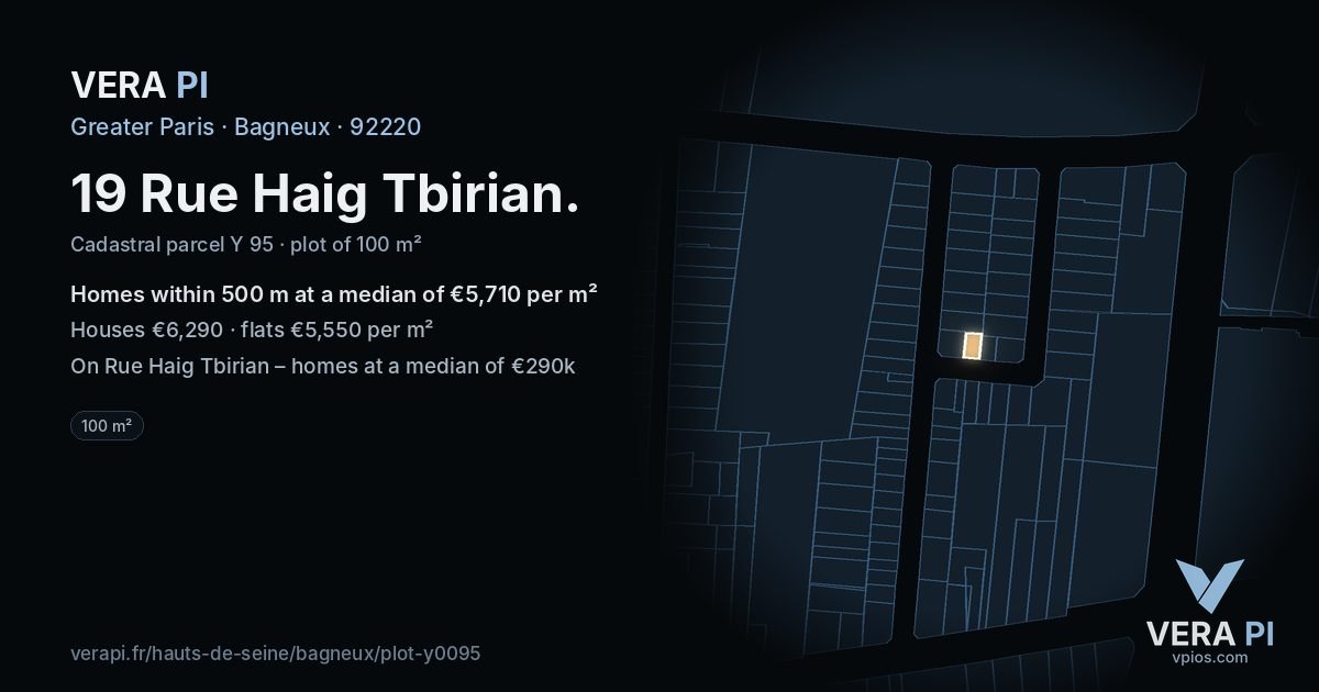 19 Rue Haig Tbirian, Bagneux at night – the plot lit, the parcels around coloured by the prices near them