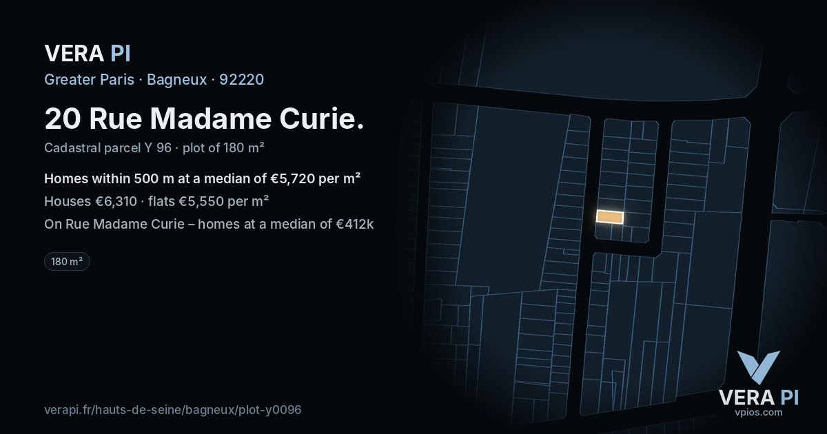 20 Rue Madame Curie, Bagneux at night – the plot lit, the parcels around coloured by the prices near them