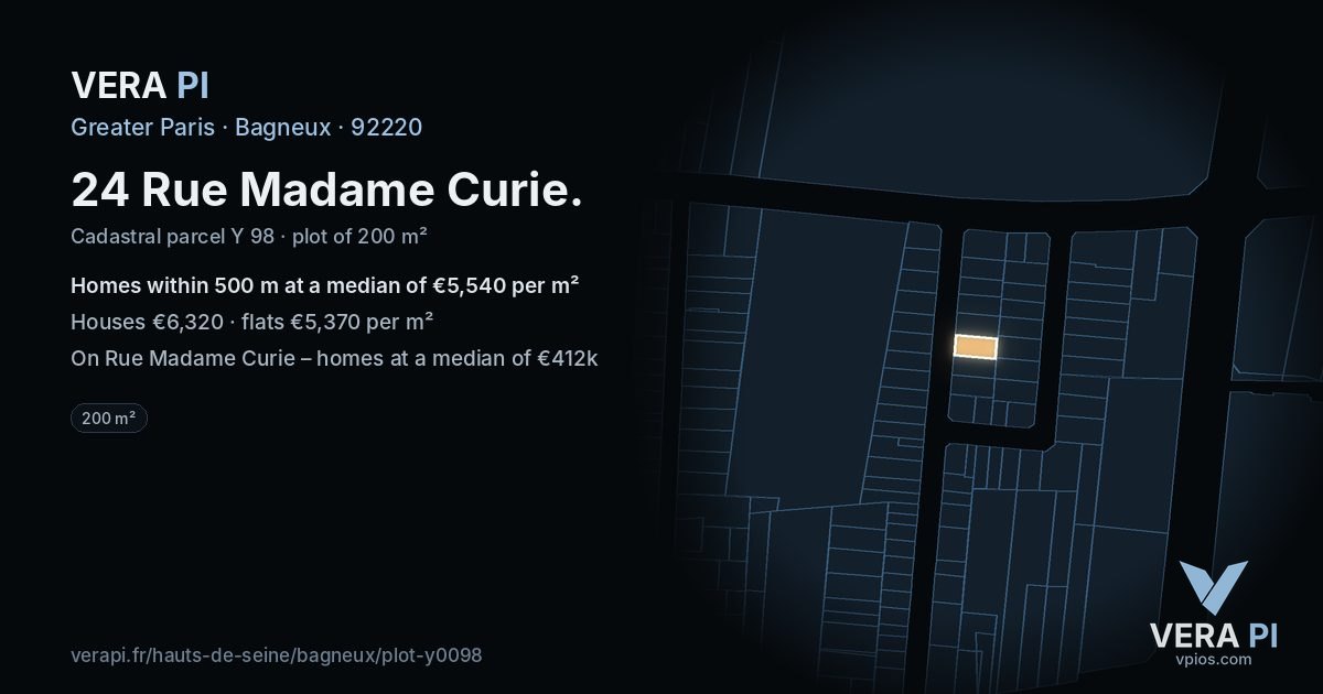 24 Rue Madame Curie, Bagneux at night – the plot lit, the parcels around coloured by the prices near them