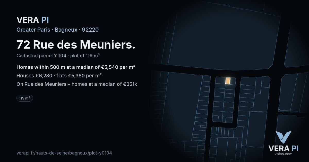 72 Rue des Meuniers, Bagneux at night – the plot lit, the parcels around coloured by the prices near them