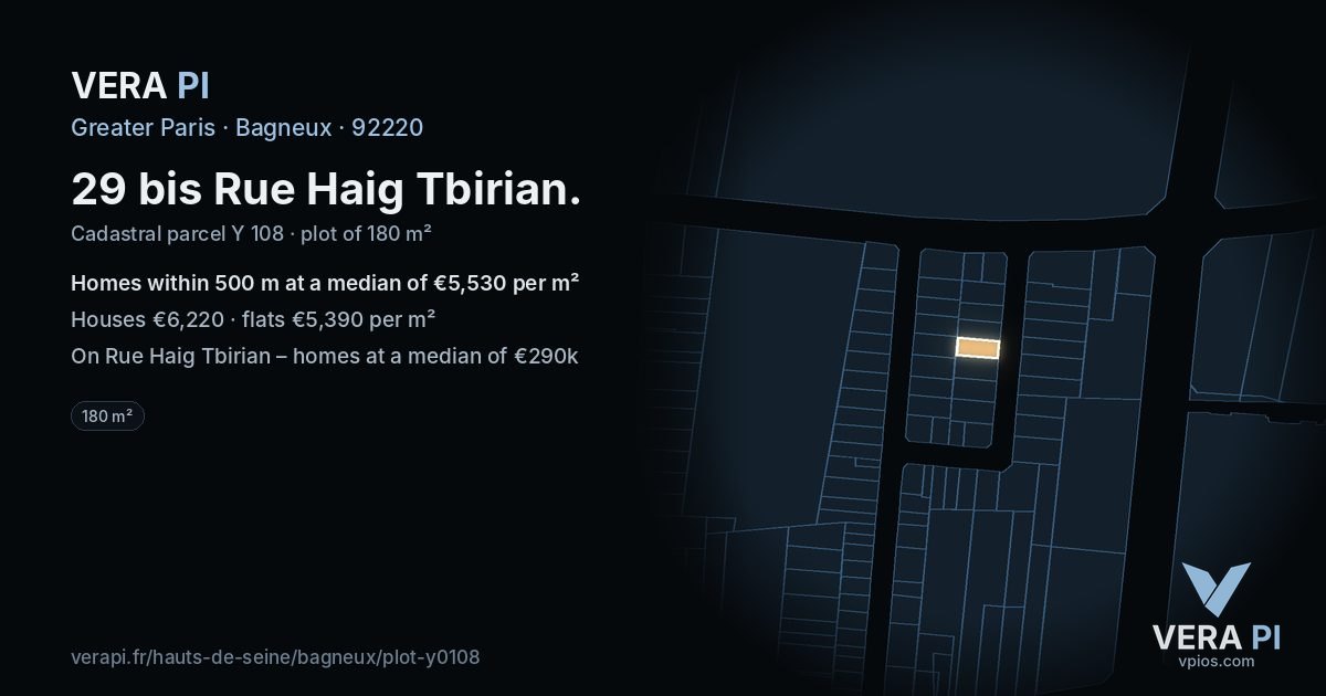 29 bis Rue Haig Tbirian, Bagneux at night – the plot lit, the parcels around coloured by the prices near them
