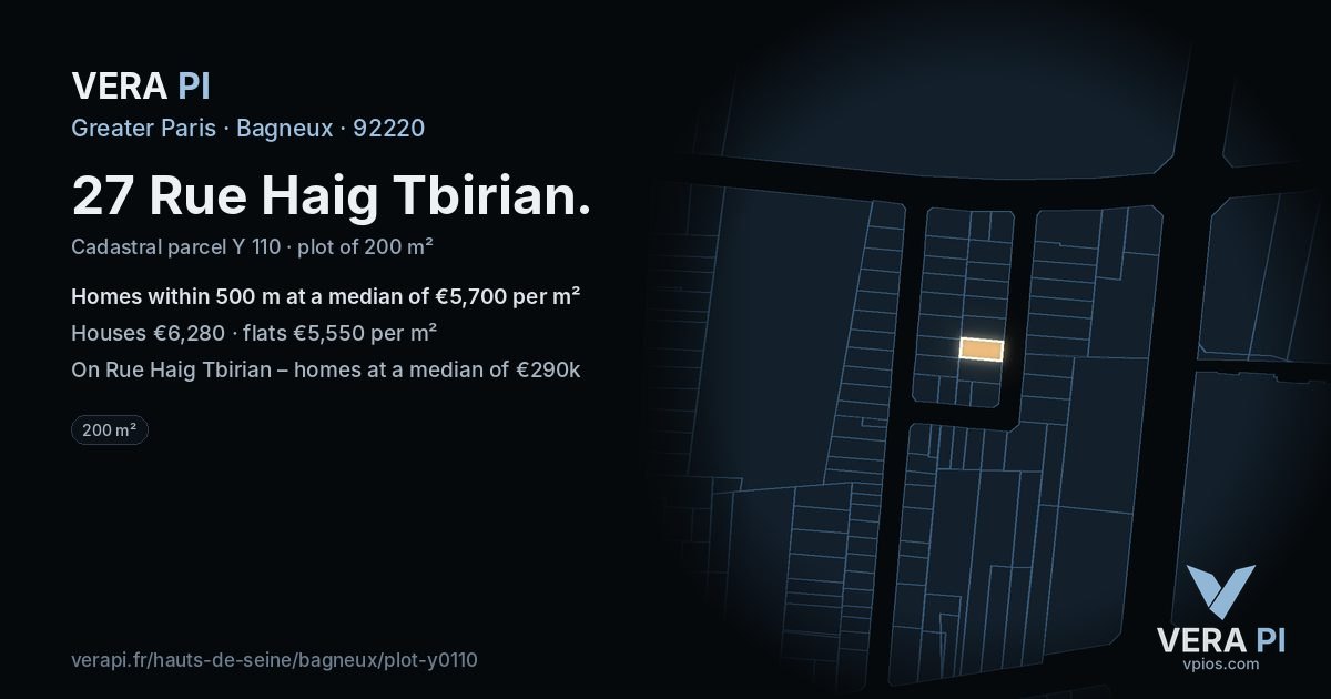 27 Rue Haig Tbirian, Bagneux at night – the plot lit, the parcels around coloured by the prices near them