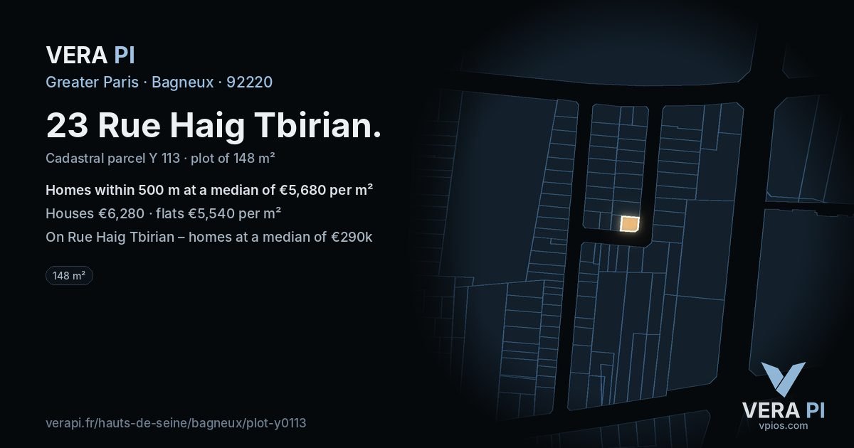 23 Rue Haig Tbirian, Bagneux at night – the plot lit, the parcels around coloured by the prices near them