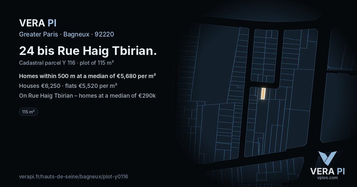 24 bis Rue Haig Tbirian, Bagneux at night – the plot lit, the parcels around coloured by the prices near them