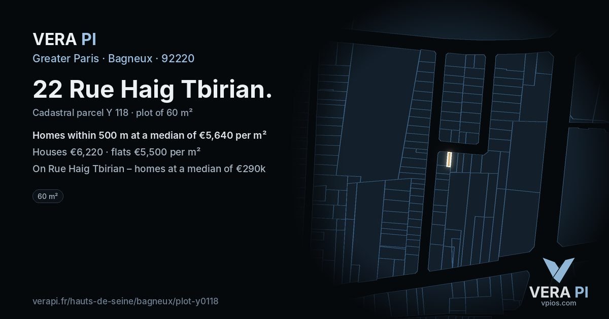 22 Rue Haig Tbirian, Bagneux at night – the plot lit, the parcels around coloured by the prices near them