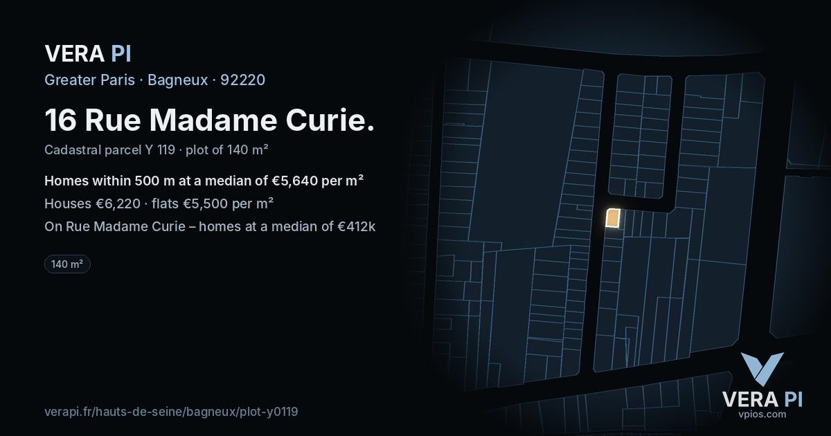 16 Rue Madame Curie, Bagneux at night – the plot lit, the parcels around coloured by the prices near them