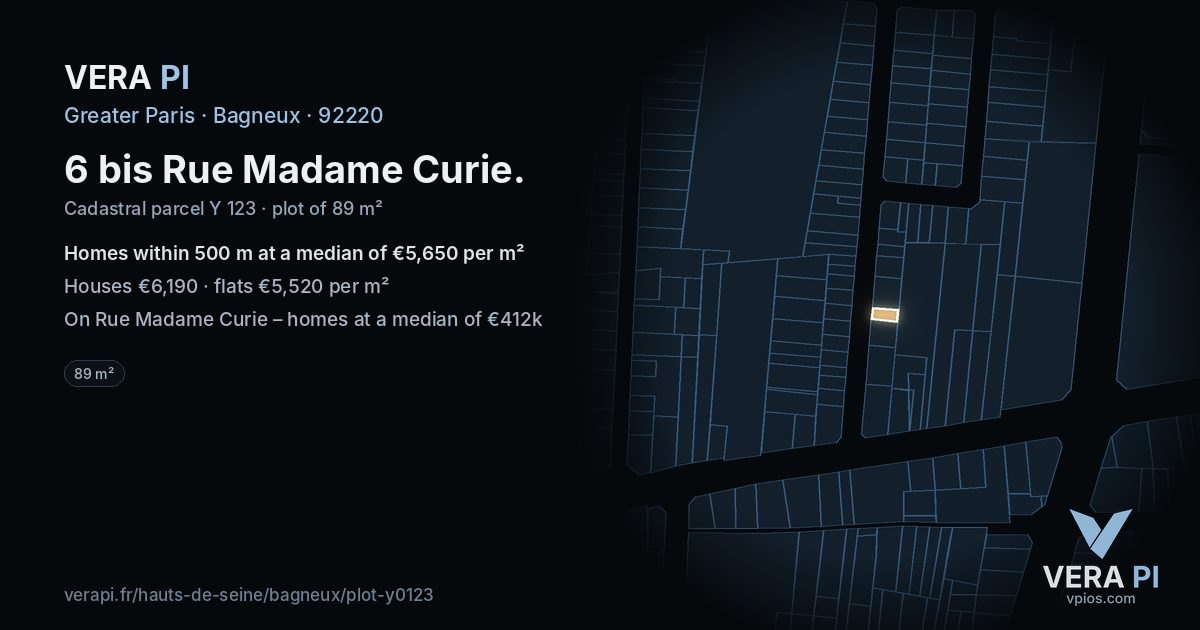6 bis Rue Madame Curie, Bagneux at night – the plot lit, the parcels around coloured by the prices near them