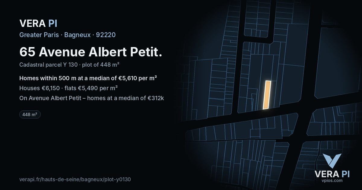 65 Avenue Albert Petit, Bagneux at night – the plot lit, the parcels around coloured by the prices near them