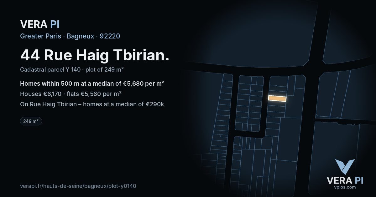 44 Rue Haig Tbirian, Bagneux at night – the plot lit, the parcels around coloured by the prices near them
