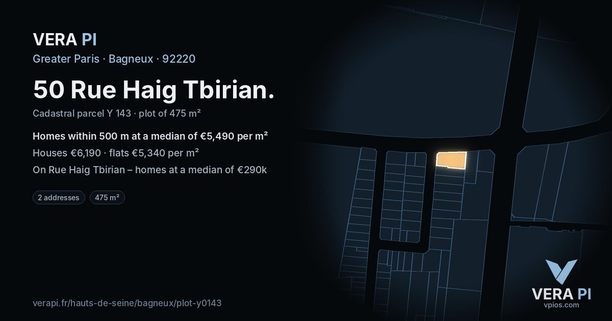 50 Rue Haig Tbirian, Bagneux at night – the plot lit, the parcels around coloured by the prices near them