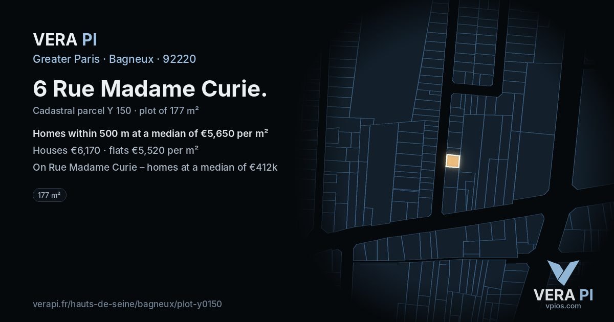 6 Rue Madame Curie, Bagneux at night – the plot lit, the parcels around coloured by the prices near them