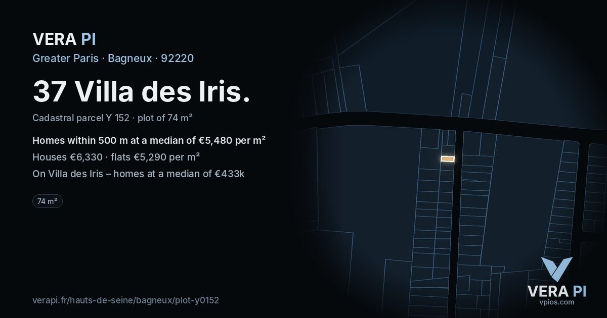 37 Villa des Iris, Bagneux at night – the plot lit, the parcels around coloured by the prices near them
