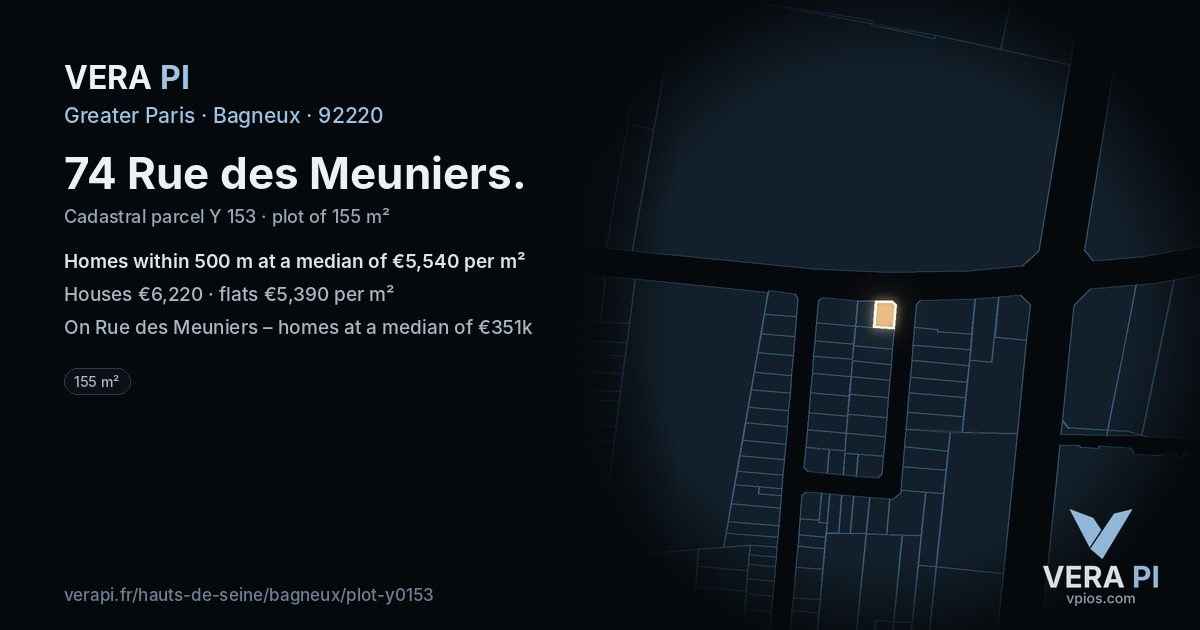 74 Rue des Meuniers, Bagneux at night – the plot lit, the parcels around coloured by the prices near them