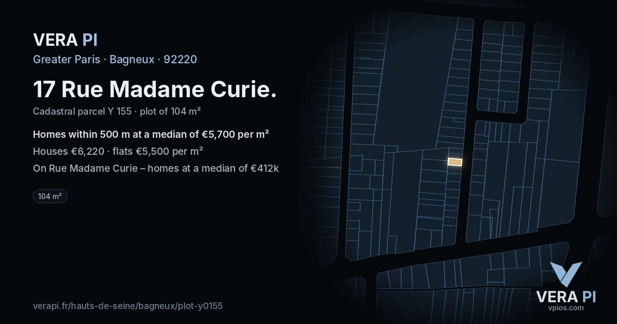 17 Rue Madame Curie, Bagneux at night – the plot lit, the parcels around coloured by the prices near them