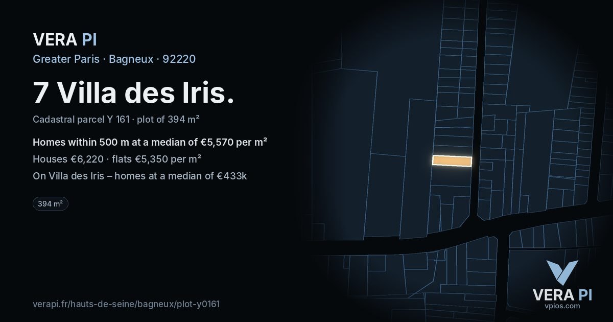 7 Villa des Iris, Bagneux at night – the plot lit, the parcels around coloured by the prices near them