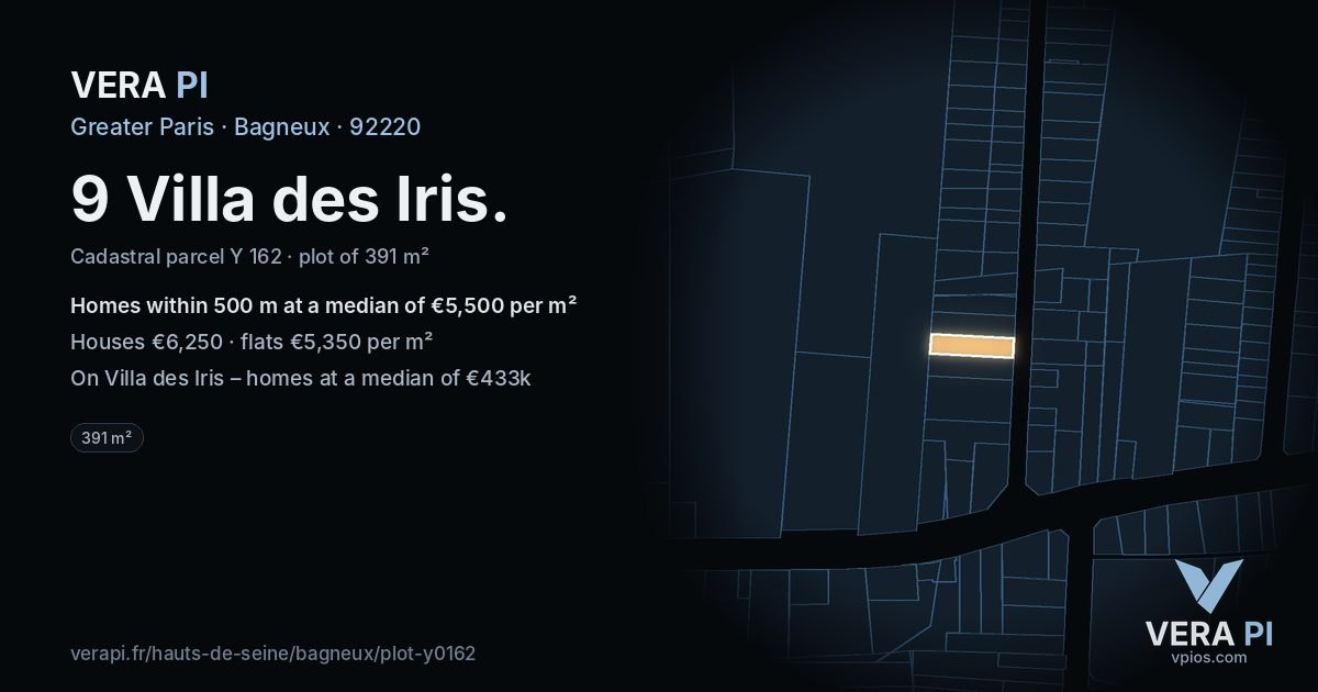 9 Villa des Iris, Bagneux at night – the plot lit, the parcels around coloured by the prices near them