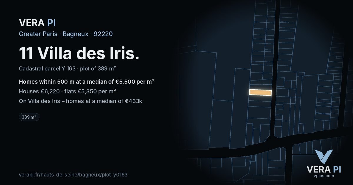 11 Villa des Iris, Bagneux at night – the plot lit, the parcels around coloured by the prices near them